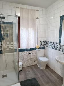 łazienka z toaletą, prysznicem i umywalką w obiekcie Apartamento Shenzhen en Astorga Camino de Santiago Cochera bicis w mieście Astorga +32 zdjęcia