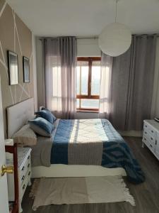 sypialnia z łóżkiem z niebieskimi poduszkami i oknem w obiekcie Apartamento Shenzhen en Astorga Camino de Santiago Cochera bicis w mieście Astorga