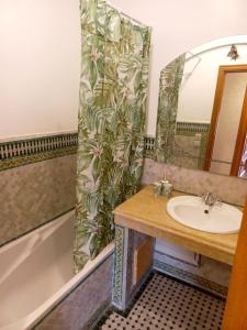 a bathroom with a sink and a shower curtain at Charming Oasis in Marrakesh in Marrakech