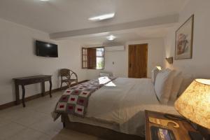 a bedroom with a bed and a desk and a television at Resort Fazenda 3 Pinheiros in Engenheiro Passos