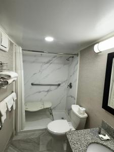 a white bathroom with a toilet and a shower at Finger lakes inn & suites in Bath