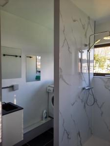 un bagno bianco con doccia e WC di Dea a Izegem