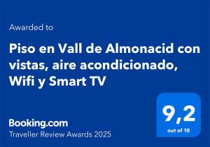 Certifikát, hodnocení, plakát nebo jiný dokument vystavený v ubytování Piso en Vall de Almonacid con vistas, aire acondicionado, Wifi y Smart TV