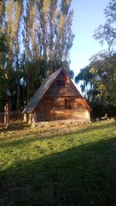 eine kleine Holzhütte auf einem Grasfeld in der Unterkunft Cabaña Alpina in Rodeo