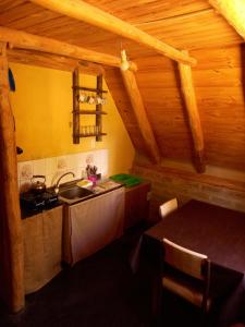eine Küche mit einem Herd und einem Waschbecken in einem Zimmer in der Unterkunft Cabaña Alpina in Rodeo