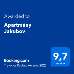Certificato, attestato, insegna o altro documento esposto da Apartmány Jakubov