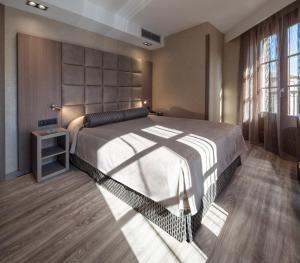 a bedroom with a large bed and a large window at Hotel Suizo in Barcelona