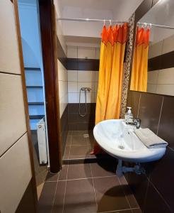 a bathroom with a sink and a shower at Vámház Vendégház in Pápa