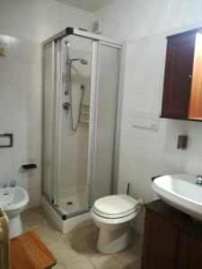 a bathroom with a shower and a toilet and a sink at Appartamento in Val di Sole in Commezzadura