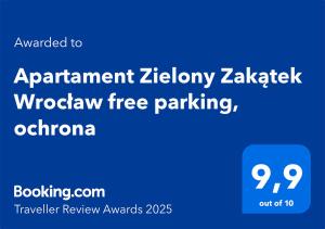 Certifikát, ocenenie alebo iný dokument vystavený v ubytovaní Apartament Zielony Zakątek Wrocław free parking, ochrona