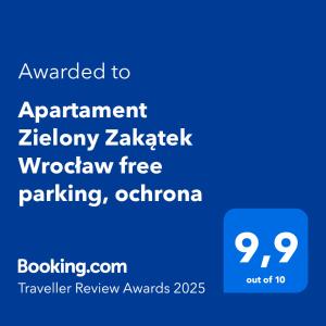 Certifikát, ocenenie alebo iný dokument vystavený v ubytovaní Apartament Zielony Zakątek Wrocław free parking, ochrona