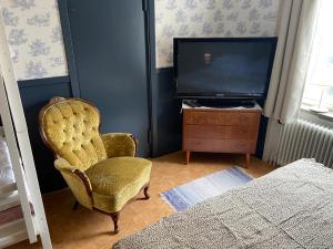 a living room with a chair and a television at Elisabets Vandrarhem Hemse in Hemse