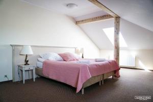 Sławica的住宿－Gościniec Winnica，一间卧室配有一张带粉色毯子的床
