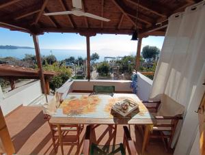 a table with a map on top of a balcony at On the beach Neos Marmaras in Neos Marmaras