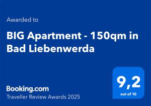 Majutusasutuses BIG Apartment - 150qm in Bad Liebenwerda olev sertifikaat, autasu, silt või muu dokument