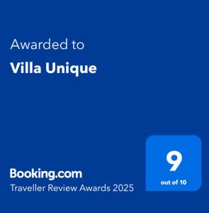 Certifikát, hodnocení, plakát nebo jiný dokument vystavený v ubytování Villa Unique