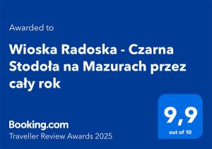 Certifikát, ocenenie alebo iný dokument vystavený v ubytovaní Wioska Radoska - Czarna Stodoła na Mazurach przez cały rok