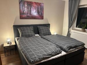 una camera da letto con un letto e un quadro sul muro di Ferienwohnung Schönheit a Gönnern