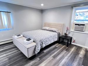 韦斯特伯里Modern and spacious 4 B/R + 2 bath house的一间带床、沙发和窗户的卧室
