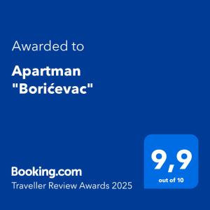 Certifikát, hodnocení, plakát nebo jiný dokument vystavený v ubytování Apartman "Borićevac"