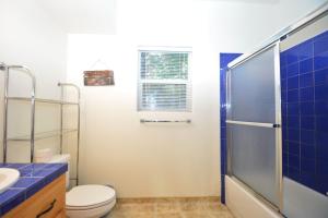 a bathroom with a toilet and a shower with blue tiles at Feinstein- Lake Areafree Night Special in Bass Lake +10 photos
