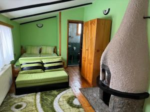 a living room with a couch and a fireplace at Mama Emiliya Guest House in Beli Iskar