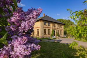 LexowGutshaus Lexow的一栋门前种着紫色花朵的房子