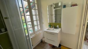 un baño con lavabo y espejo en Gite Noisy, en Noisy-sur-École 13 fotos más