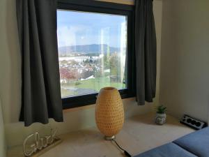 a bedroom with a large window with a vase in front at Tiny House im Grünen in Sankt Margrethen