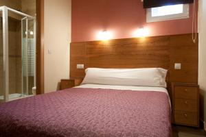 1 dormitorio con 1 cama grande y cabecero de madera en Hostal Zabala, en Madrid