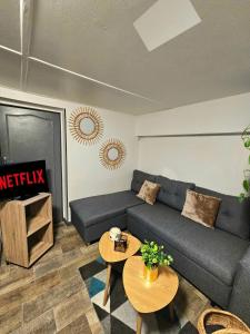 a living room with a couch and a table at Charmant studio 30m2 in Clermont-Ferrand