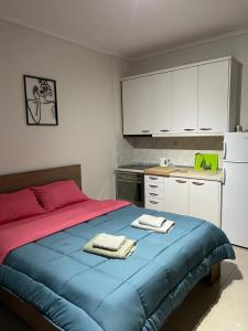 a bedroom with a bed with red and blue sheets at Cosy studio with view and parking in Serres