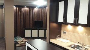 a kitchen with a sink and a tv in it at Studio Mountain Dreams Deluxe in Sapareva Banya +45 photos