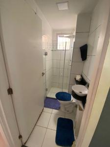 a bathroom with a shower and a toilet and a sink at Apartamento da Letícia in Camaçari +16 photos