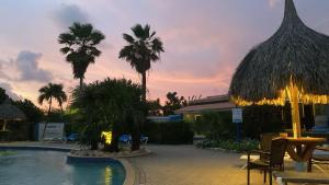 ein Resortpool mit Palmen und Sonnenuntergang in der Unterkunft Droomstudio seru coral 32 in Willemstad