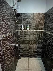 a bathroom with a shower with brown tiles at Villa JADE, La Fortuna Downtown Apartment in Fortuna +13 photos