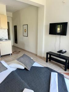 a living room with a bed and a flat screen tv at DERES Apartments in Hanioti +30 photos