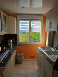 a kitchen with a sink and a window at L'escale champenoise , wifi garage parking privè gratuit in Chalons en Champagne