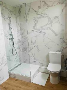 a bathroom with a shower and a toilet at Appartement plein centre ville d alfortville in Alfortville +3 photos
