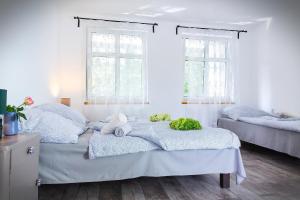 缅济热奇Wrzosowy Młyn - Twoje miejsce nad Jeziorem的白色客房的两张床,设有两扇窗户