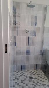 a bathroom with a shower with a tiled floor at Breezy Sunny Apartment in Cape Town