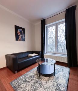a living room with a black couch and a glass table at Wellness Moser Apartments in Karlovy Vary