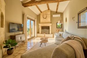 Una sala de estar con un sofá y una chimenea. en Villa du Monde - 160 m² avec piscine privée, en Saint-Rémy