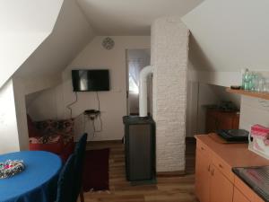 a kitchen with a stove in the middle of a room at Planinska kuća Mitrović in Divčibare