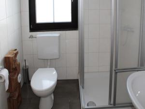 une salle de bain avec toilettes, douche et lavabo dans l'établissement Ferienhaus Nr 22, Kategorie Komfort Plus L, Feriendorf Hochbergle, Allgäu, à Karlsebene