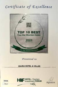 Certifikát, hodnocení, plakát nebo jiný dokument vystavený v ubytování Iglika Hotel & Villas Borovets