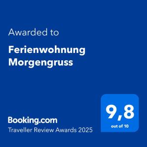 Certifikát, hodnocení, plakát nebo jiný dokument vystavený v ubytování Ferienwohnung Morgengruss