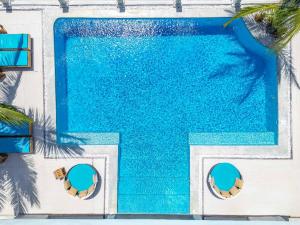 an overhead view of a blue swimming pool with two chairs at Villa Paradis by Casa Paradis in Jambiani