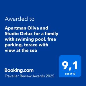 a blue background with the words awaken americana and studio delix for a family at Apartman Oliva and Studio Delux for a family with swiming pool, free parking, terace with view at the sea in Podstrana