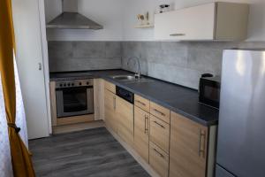 a kitchen with wooden cabinets and a sink and a refrigerator at Apartmán TOBI in Kašperské Hory